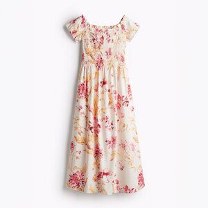 H&M Cream Floral Dress Size Medium Smocked Off-Shoulder Short Sleeve Midi